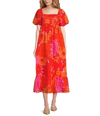 J.Marie Lizzie Square Neck Short Puff Sleeve Babydoll Midi Dress