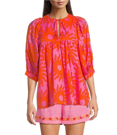 J.Marie Mara V-Neck Puff Sleeve Embroidered Tunic