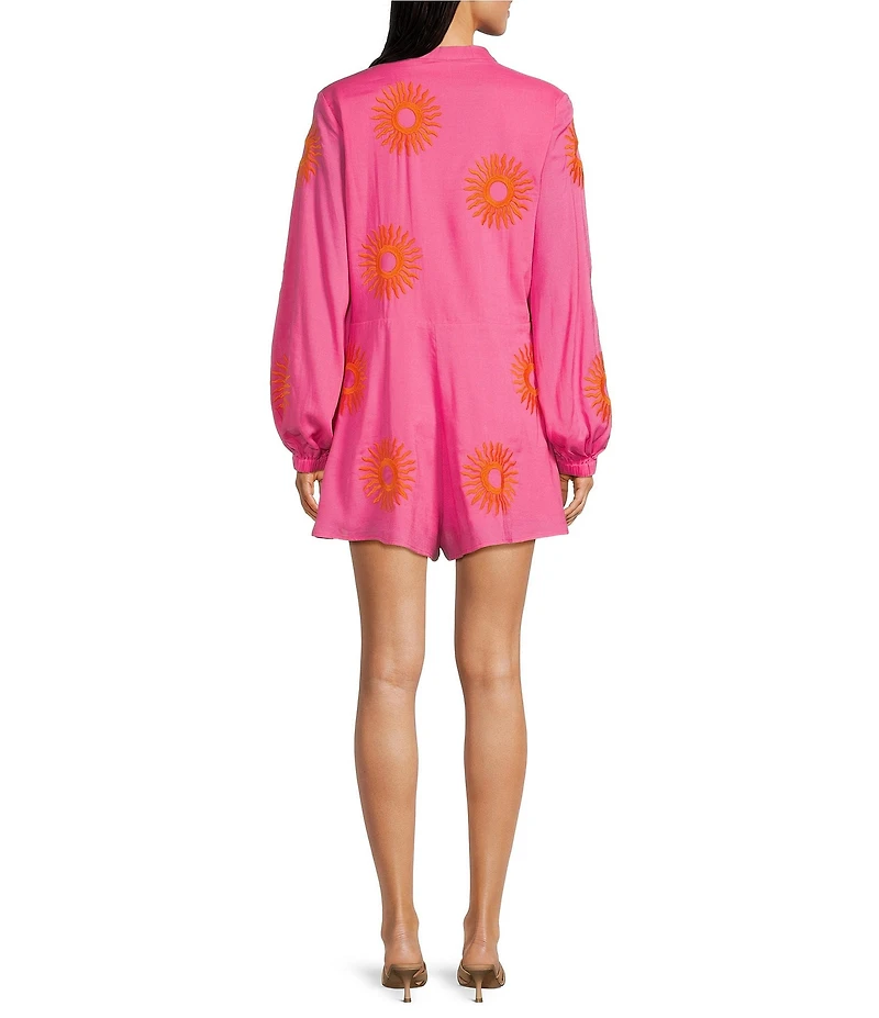 J.Marie Skylar Button Up Long Sleeve Embroidered Pocketed Romper