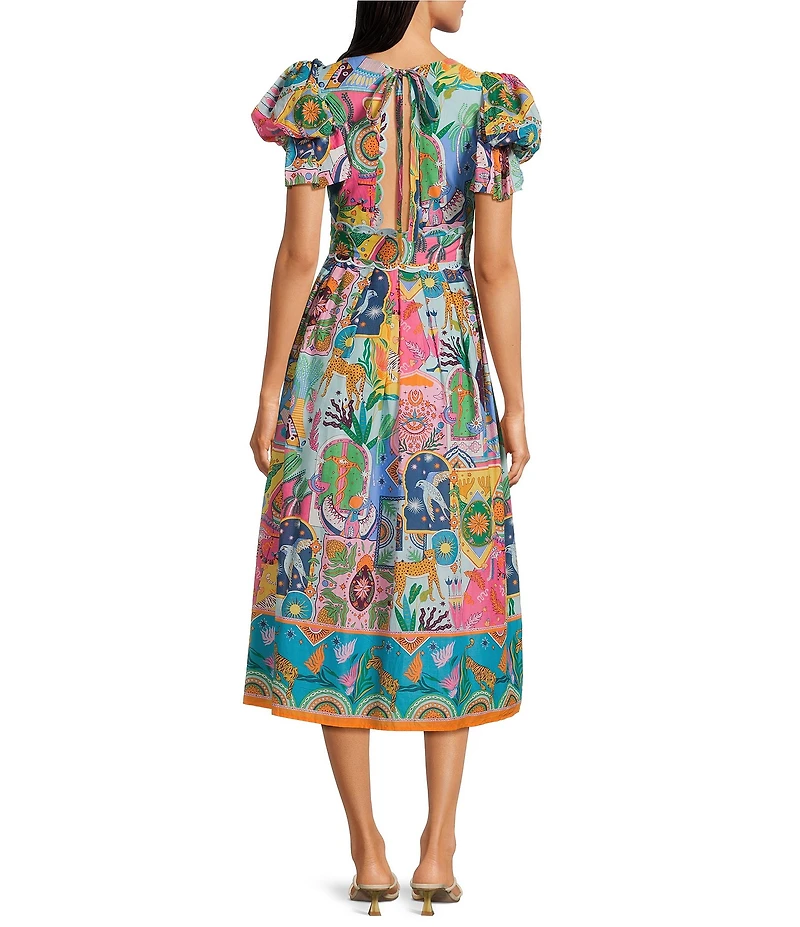 J.Marie Sloane Abstract Print V-Neck Short Sleeve Bow Midi A-Line Dress