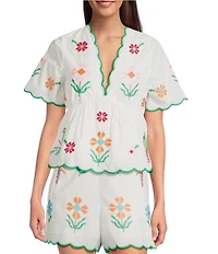 J.Marie Tessie V-Neck Short Sleeve Floral Embroidered Peplum Scalloped Trim Coordinating Top