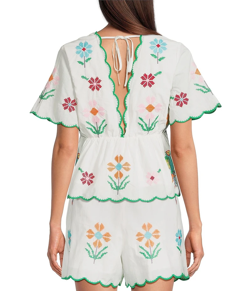 J.Marie Tessie V-Neck Short Sleeve Floral Embroidered Peplum Scalloped Trim Coordinating Top