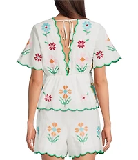 J.Marie Tessie V-Neck Short Sleeve Floral Embroidered Peplum Scalloped Trim Coordinating Top