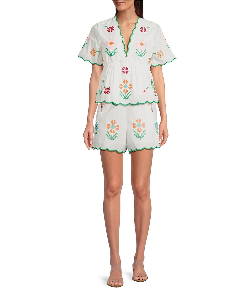 J.Marie Tessie V-Neck Short Sleeve Floral Embroidered Peplum Scalloped Trim Coordinating Top