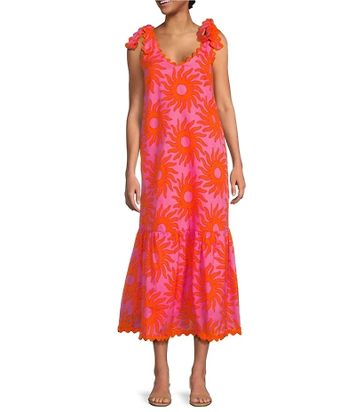 J.Marie V-Neck Sleeveless Embroidered Ric Rac Trim Midi Shift Dress