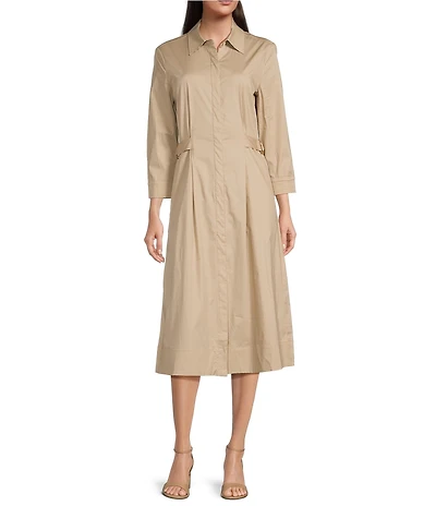 J.McLaughlin Minae Woven Point Collar 3/4 Sleeve Button Front Midi Dress