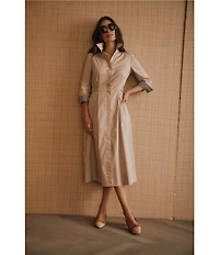 J.McLaughlin Minae Woven Point Collar 3/4 Sleeve Button Front Midi Dress