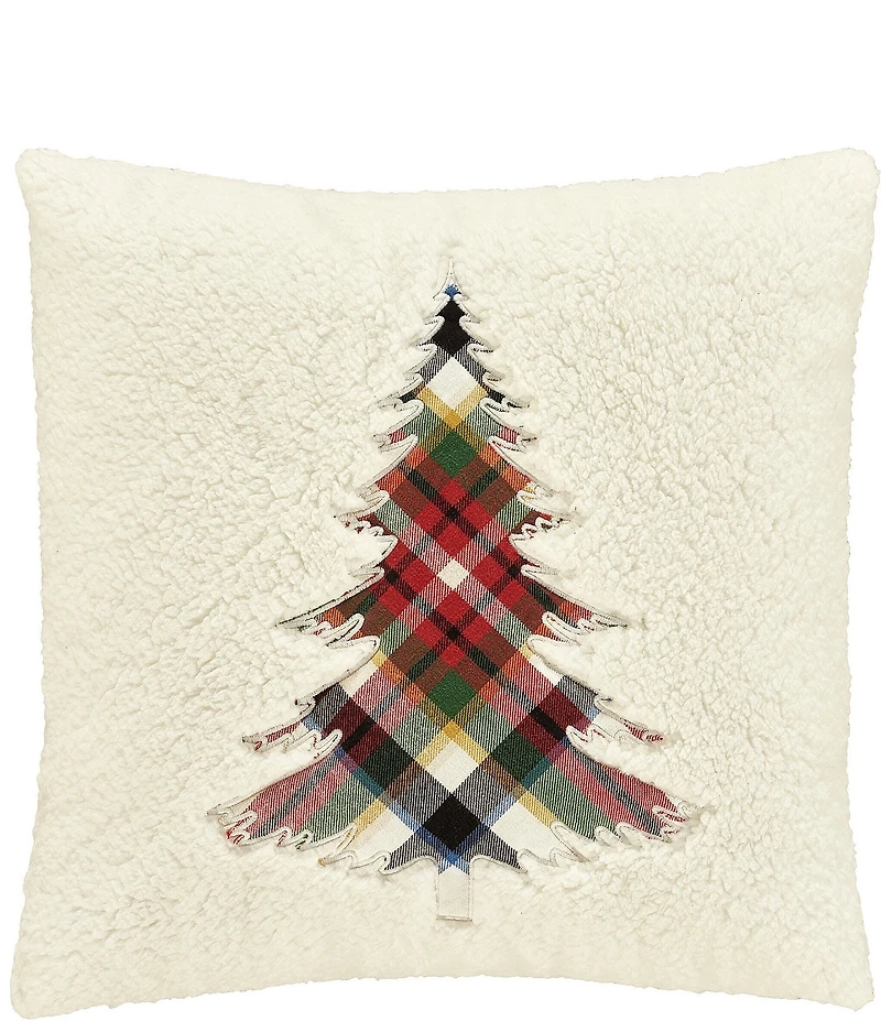 J. Queen New York Holiday Collection Christopher Plaid Appliqued Christmas Shaped Tree Reversible Square Pillow