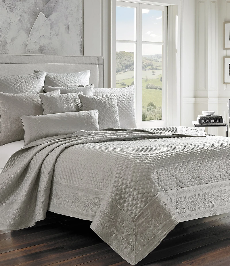 J. Queen New York Lyndon Damask Embroidered Matte Satin Quilted Boudoir Pillow