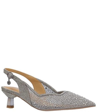 J. Renee Aleksa Glitter Embellished Fabric Mesh Slingback Kitten Heel Dress Pumps