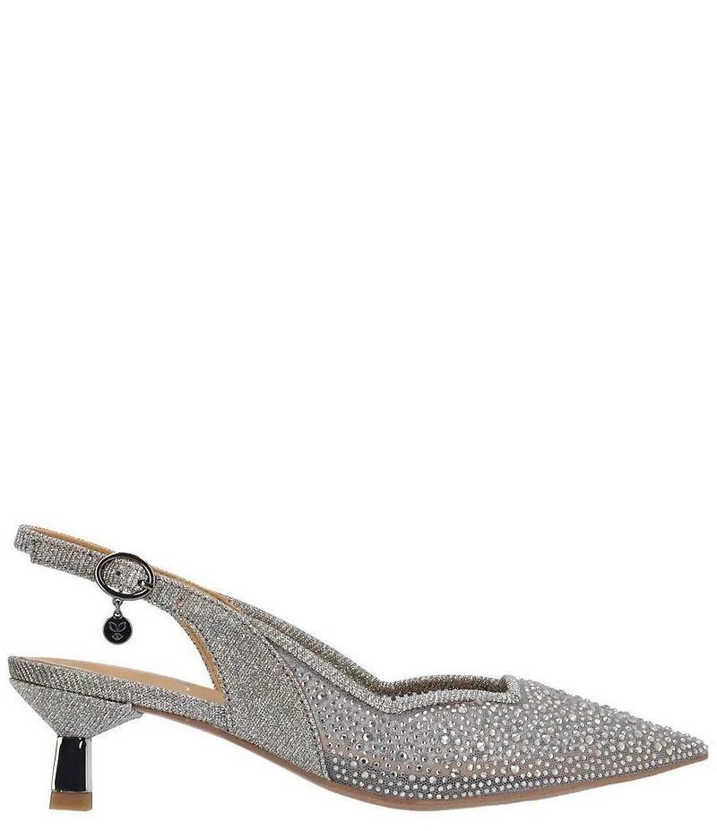 J. Renee Aleksa Glitter Embellished Fabric Mesh Slingback Kitten Heel Dress Pumps