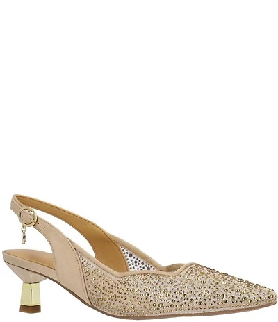 J. Renee Aleksa Satin Rhinestone Mesh Slingback Kitten Heel Dress Pumps