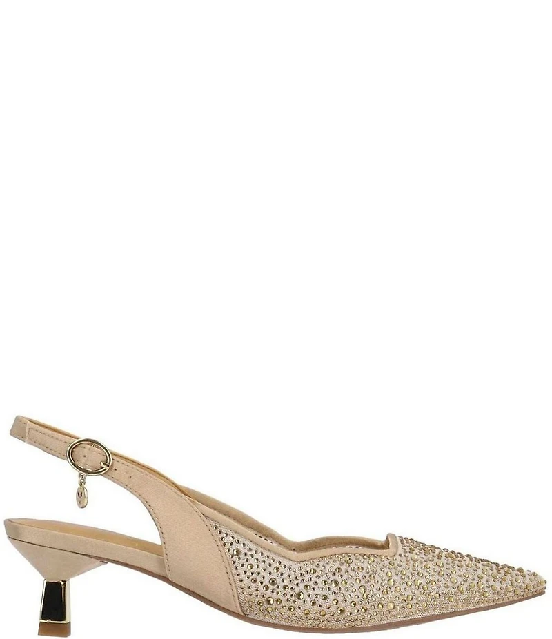 J. Renee Aleksa Satin Rhinestone Mesh Slingback Kitten Heel Dress Pumps