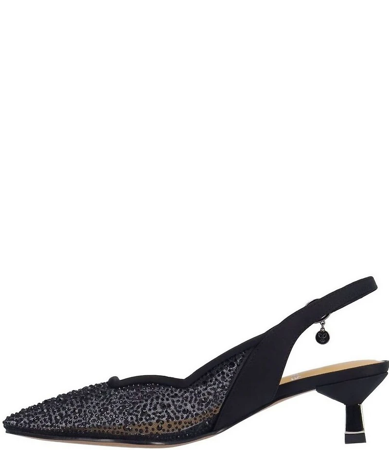 J. Renee Aleksa Satin Rhinestone Mesh Slingback Kitten Heel Dress Pumps