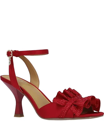 J. Renee Almita Satin Rhinestone Ruffle Ankle Strap Dress Sandals