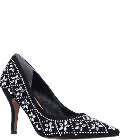 J. Renee Barlow Suede Rhinestone Embellished Flower Pumps