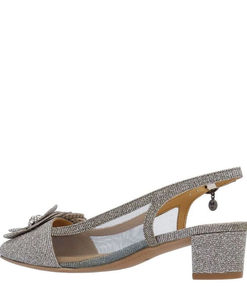 J. Renee Bellina Glitter Fabric and Mesh Flower Ornament Slingback Dress Pumps
