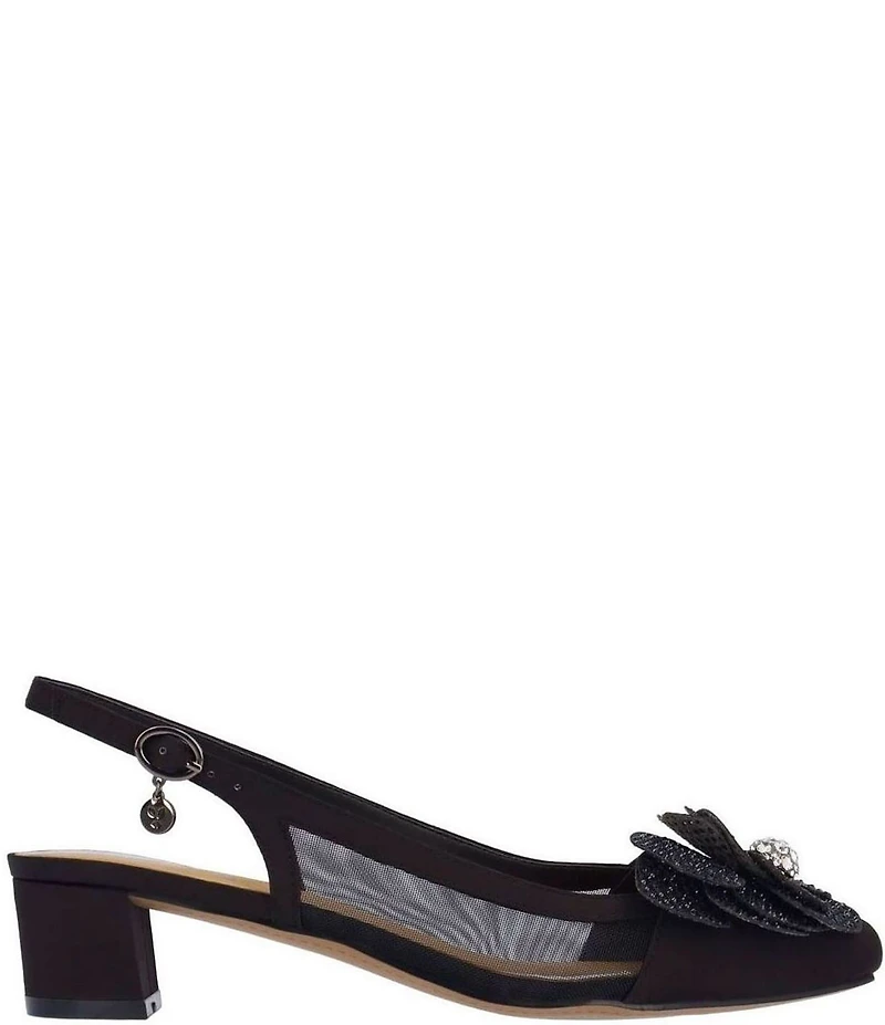 J. Renee Bellina Satin and Mesh Flower Ornament Slingback Dress Pumps