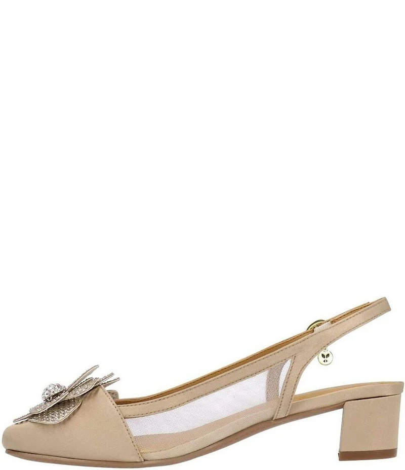 J. Renee Bellina Satin and Mesh Flower Ornament Slingback Dress Pumps