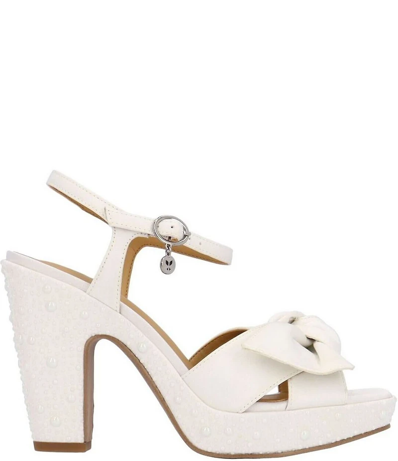 J. Renee Burkett Satin Pearl Bow Platform Sandals