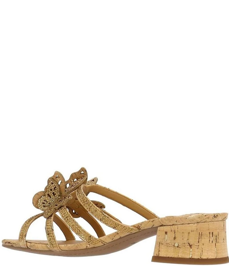J. Renee Butafly Cork Rhinestone Butterfly Block Heel Slide Sandals