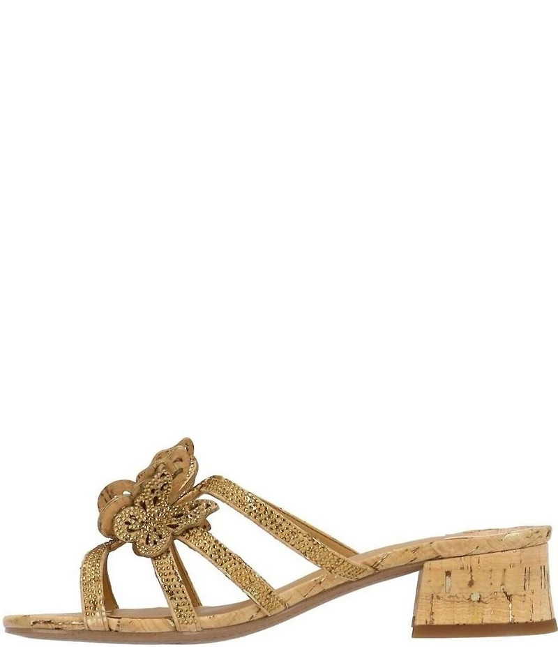 J. Renee Butafly Cork Rhinestone Butterfly Block Heel Slide Sandals