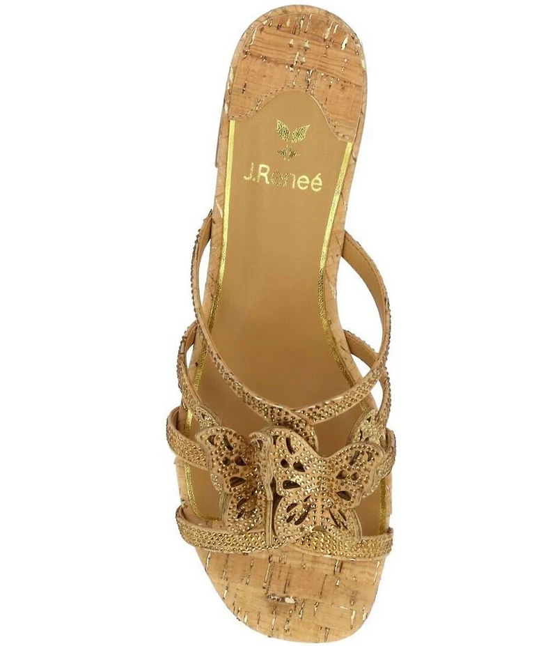 J. Renee Butafly Cork Rhinestone Butterfly Block Heel Slide Sandals