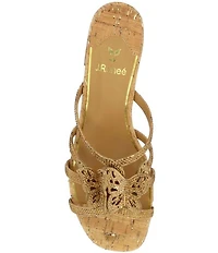 J. Renee Butafly Cork Rhinestone Butterfly Block Heel Slide Sandals