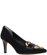 J. Renee Cavora Suede Leopard Print Calf Hair Pointed Toe Penny Loafer Pumps