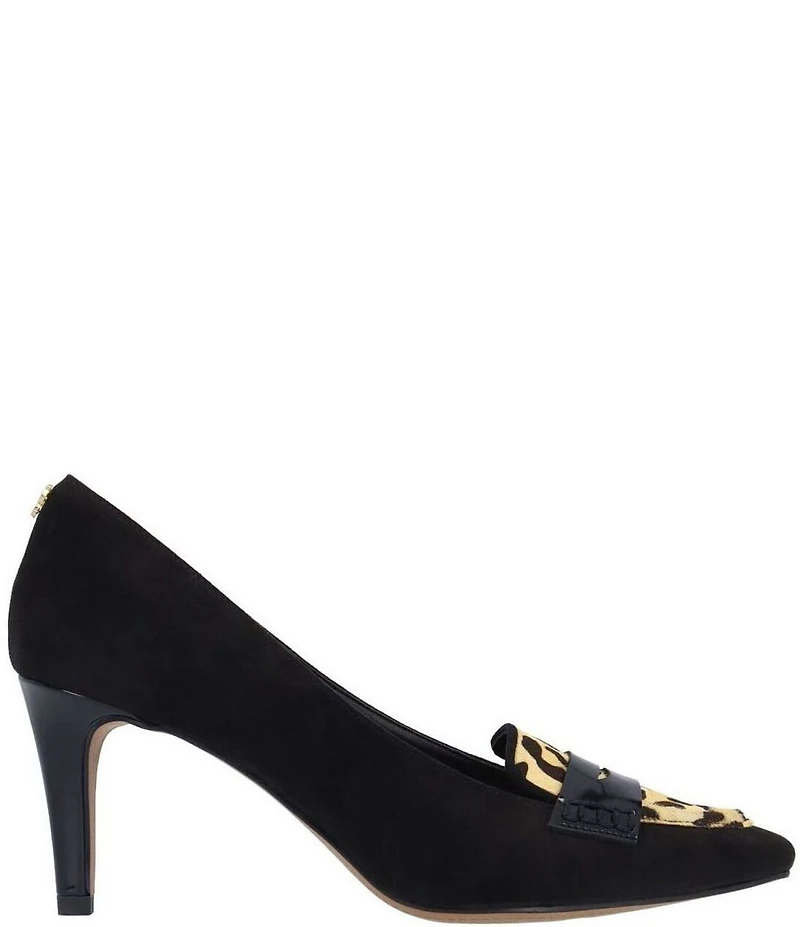 J. Renee Cavora Suede Leopard Print Calf Hair Pointed Toe Penny Loafer Pumps