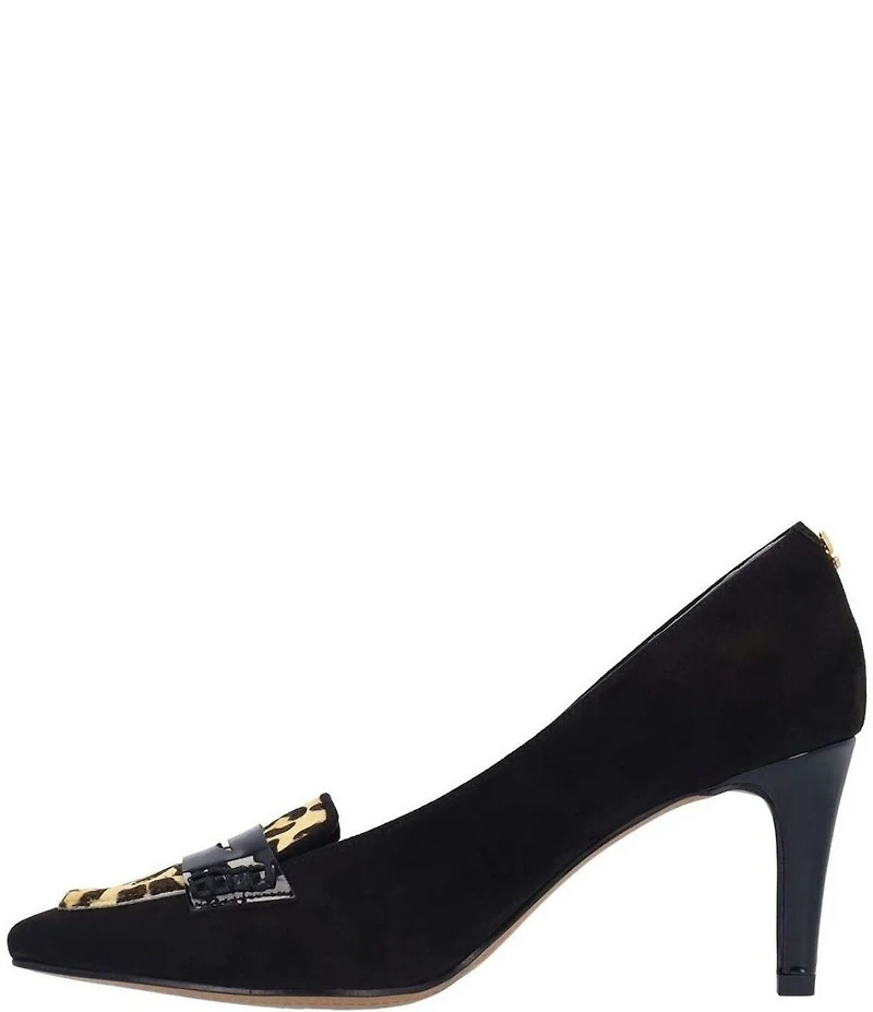 J. Renee Cavora Suede Leopard Print Calf Hair Pointed Toe Penny Loafer Pumps