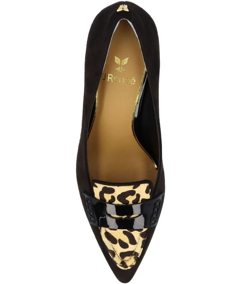 J. Renee Cavora Suede Leopard Print Calf Hair Pointed Toe Penny Loafer Pumps