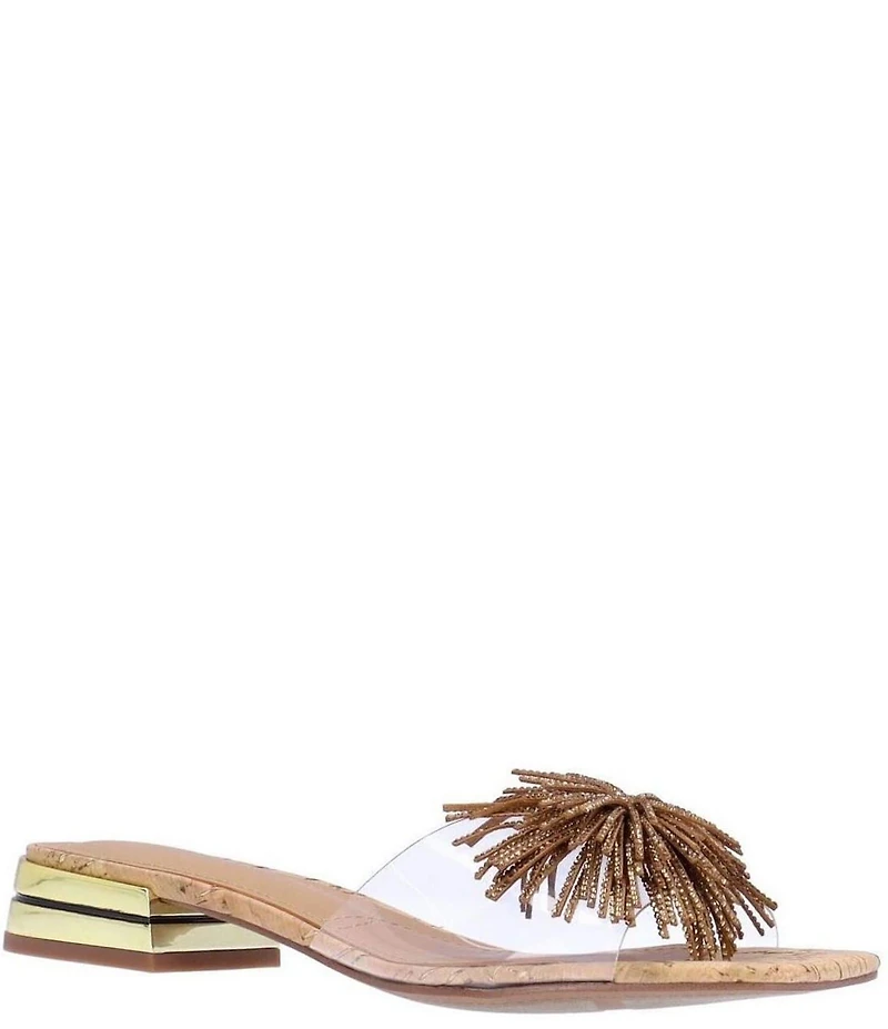 J. Renee Cherita Vinyl Rhinestone Pom Pom Cork Slide Sandals