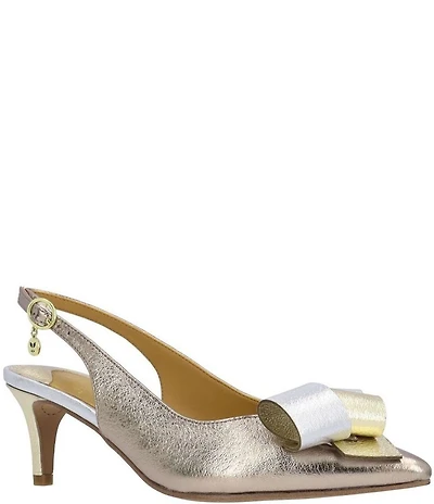 J. Renee Delara Metallic Leather Slingback Pointed Toe Curled Bow Pumps
