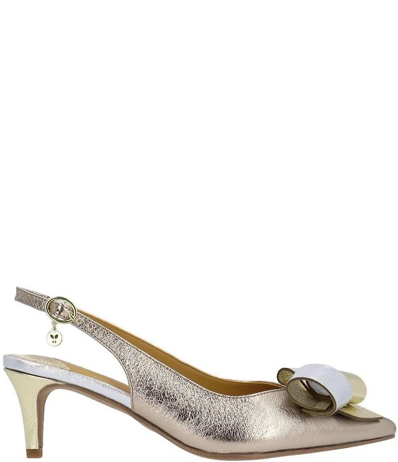J. Renee Delara Metallic Leather Slingback Pointed Toe Curled Bow Pumps