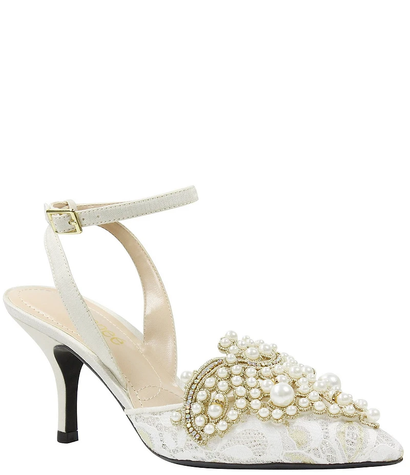J. Renee Desdemona Floral Lace Detail Pearl Ornamented Ankle Strap Pumps