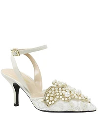 J. Renee Desdemona Floral Lace Detail Pearl Ornamented Ankle Strap Pumps