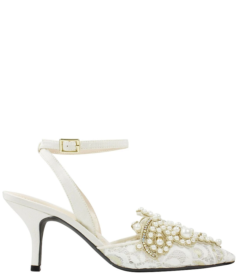 J. Renee Desdemona Floral Lace Detail Pearl Ornamented Ankle Strap Pumps