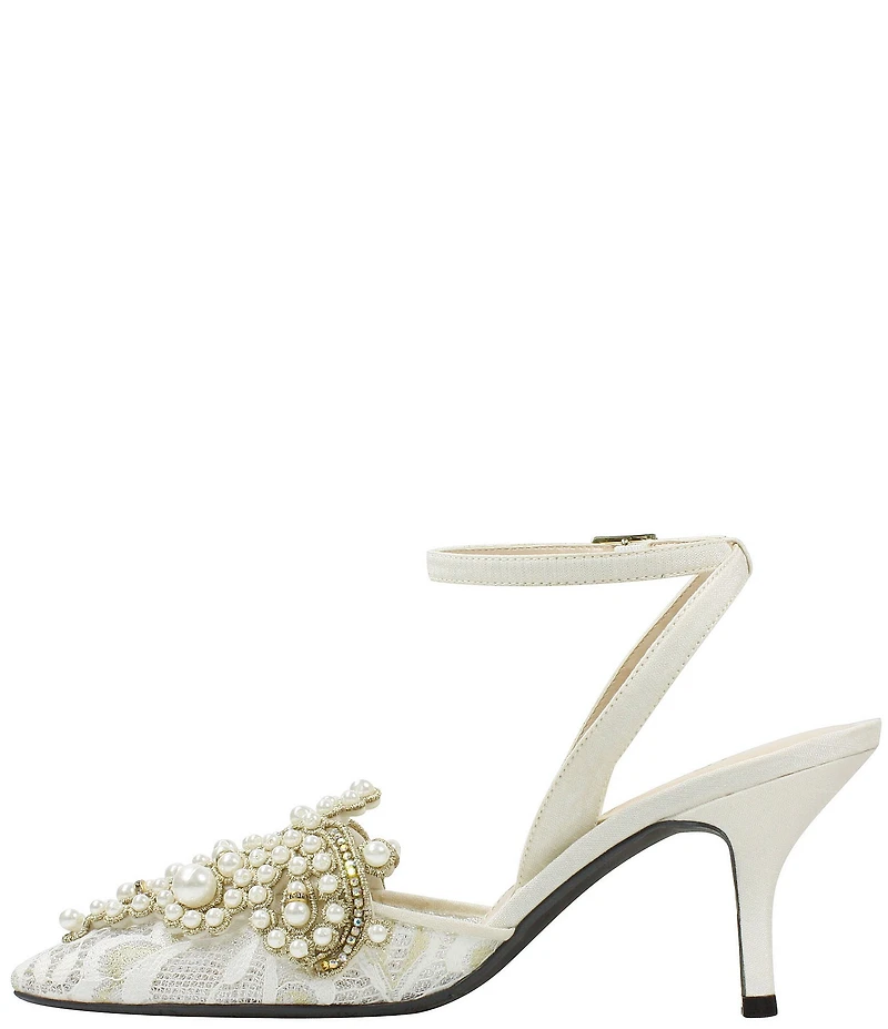 J. Renee Desdemona Floral Lace Detail Pearl Ornamented Ankle Strap Pumps