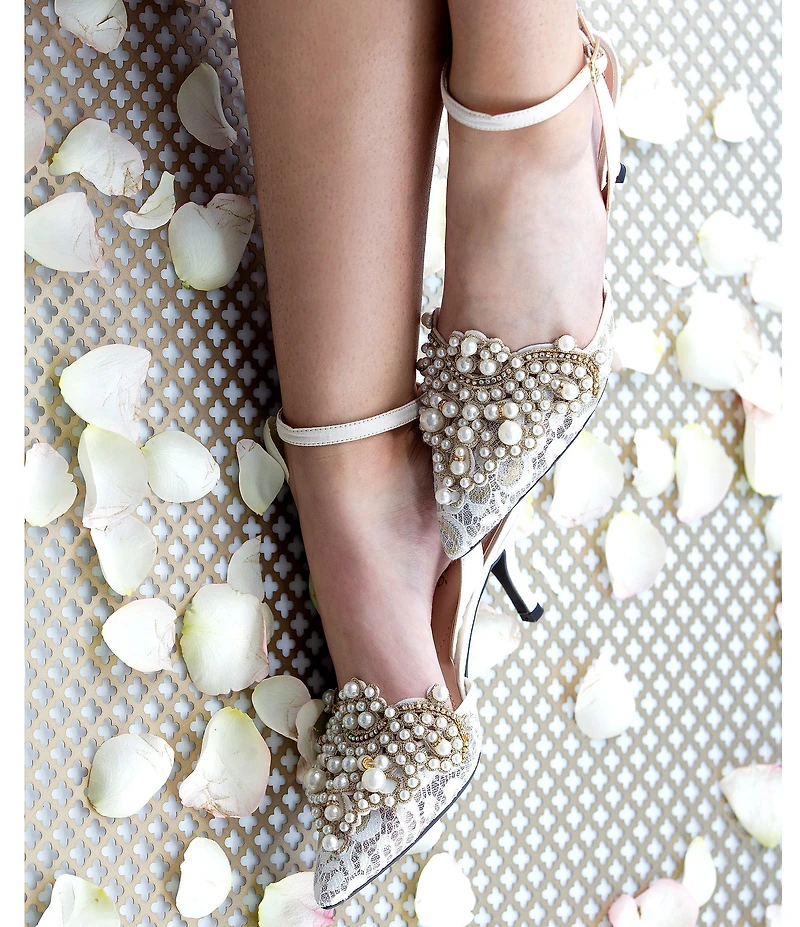 J. Renee Desdemona Floral Lace Detail Pearl Ornamented Ankle Strap Pumps