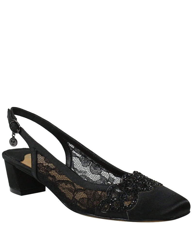 J. Renee Faleece Satin Lace Detail Slingback Block Heel Pumps