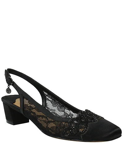 J. Renee Faleece Satin Lace Detail Slingback Block Heel Pumps
