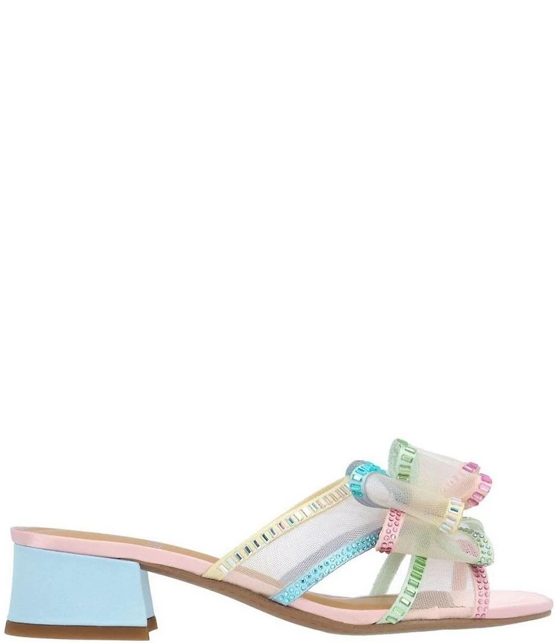 J. Renee Finola Rainbow Mesh Rhinestone Bow Block Heel Slide Sandals