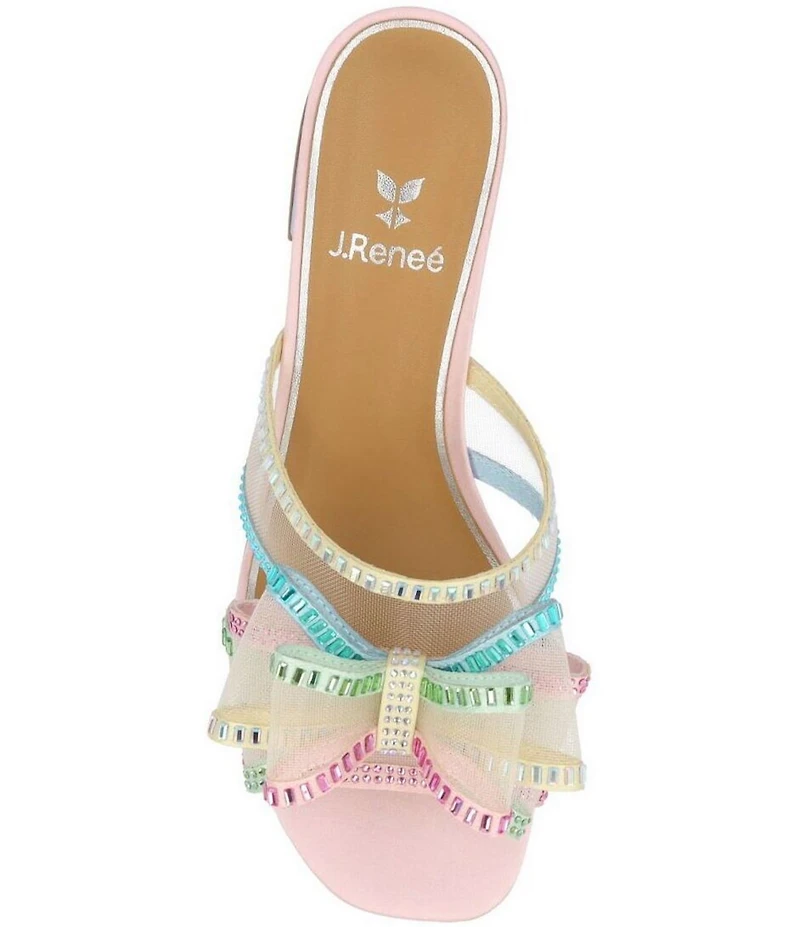 J. Renee Finola Rainbow Mesh Rhinestone Bow Block Heel Slide Sandals