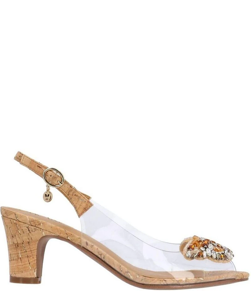 J. Renee Gloriana Cork Jewel Butterfly Ornament Vinyl Peep Toe Slingback Pumps