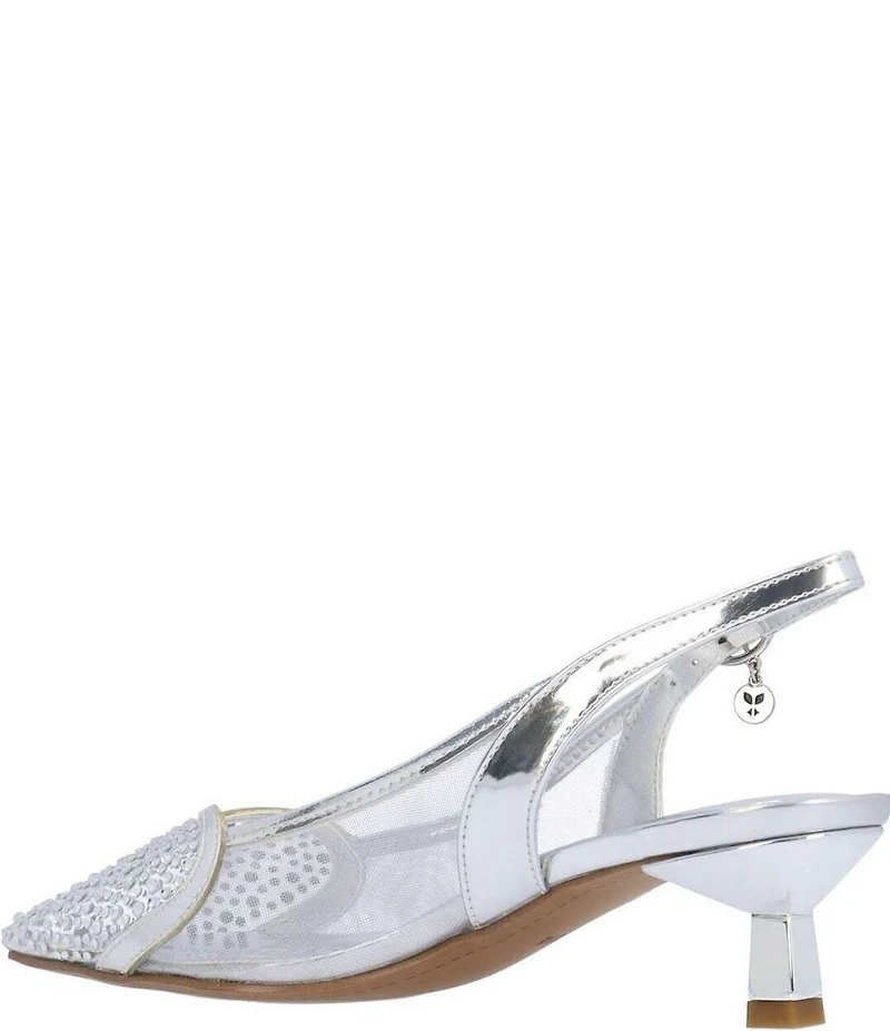 J. Renee Gwyn Metallic Mesh Rhinestone Vinyl Slingback Kitten Heel Dress Pumps