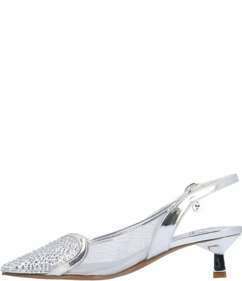 J. Renee Gwyn Metallic Mesh Rhinestone Vinyl Slingback Kitten Heel Dress Pumps