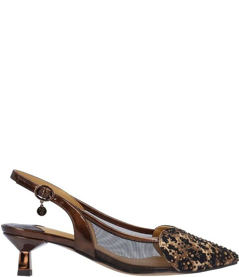 J. Renee Gwyn Patent Mesh Leopard Print Rhinestone Embellished Slingback Pumps