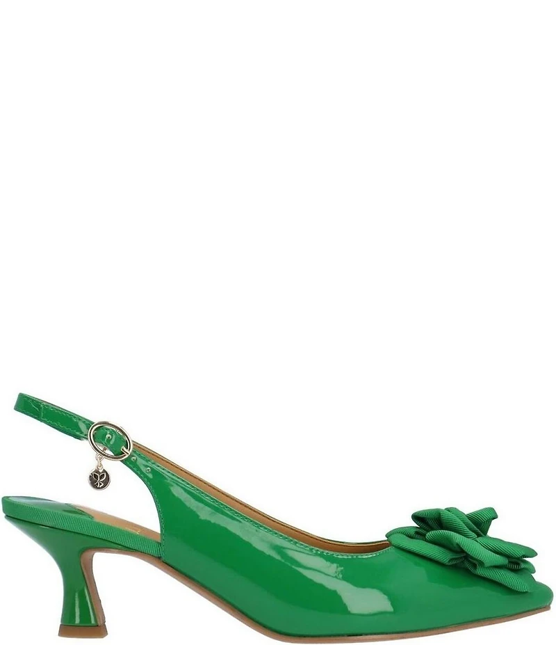 J. Renee Kendry Patent Grosgrain Flower Slingback Kitten Heel Pumps