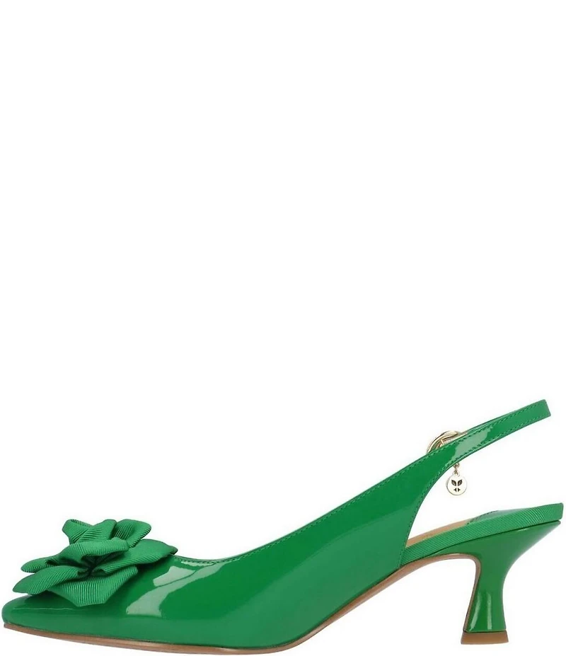 J. Renee Kendry Patent Grosgrain Flower Slingback Kitten Heel Pumps